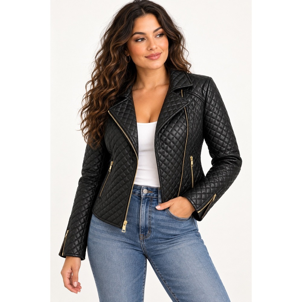Laura Lane Black Quilted Faux Leather Moto Jacket Gold Hardware Edgy Chic Size M